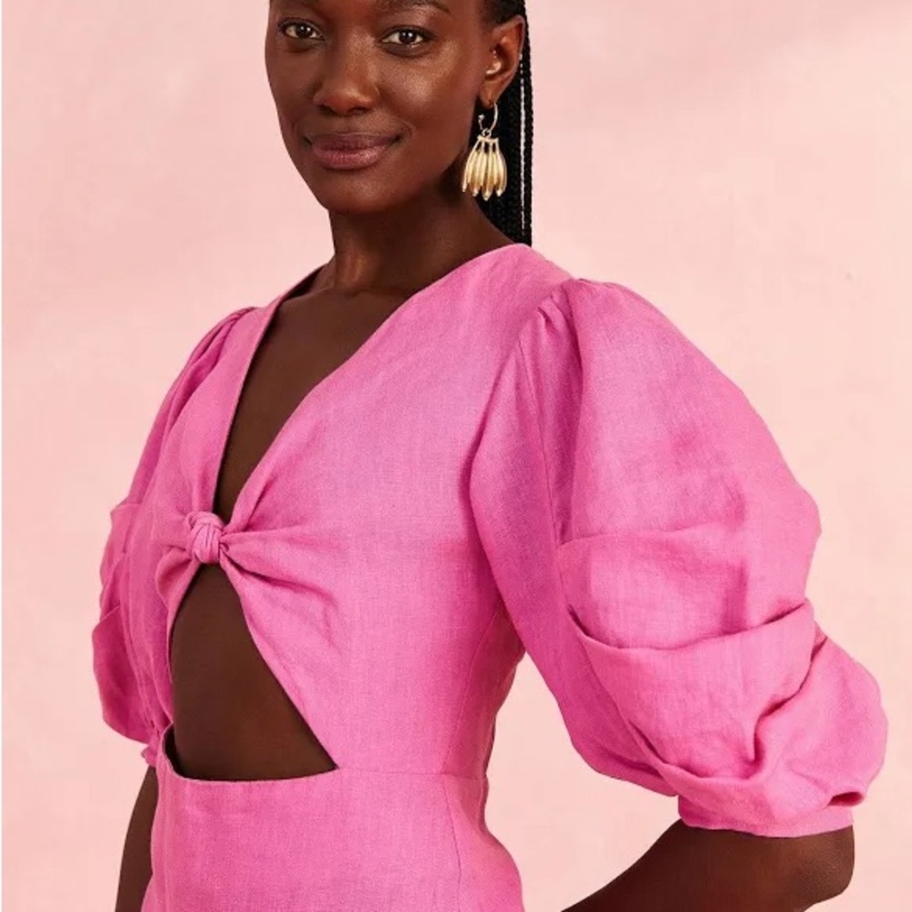 NWT FARM Rio Linen Pink Puff Sleeve Dress - Picture 2 of 5